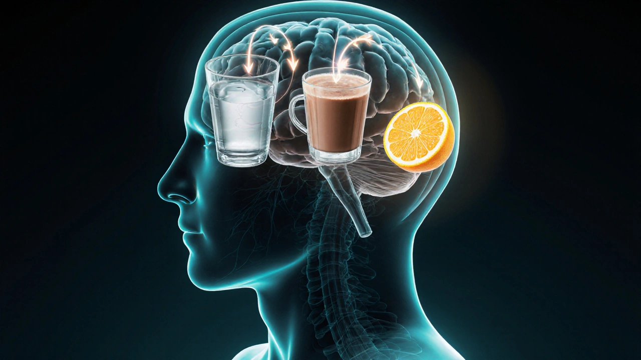 Abstraktní obrázek lidského těla s světelnými cestami od vody, čokolády a citrusu k mozku.