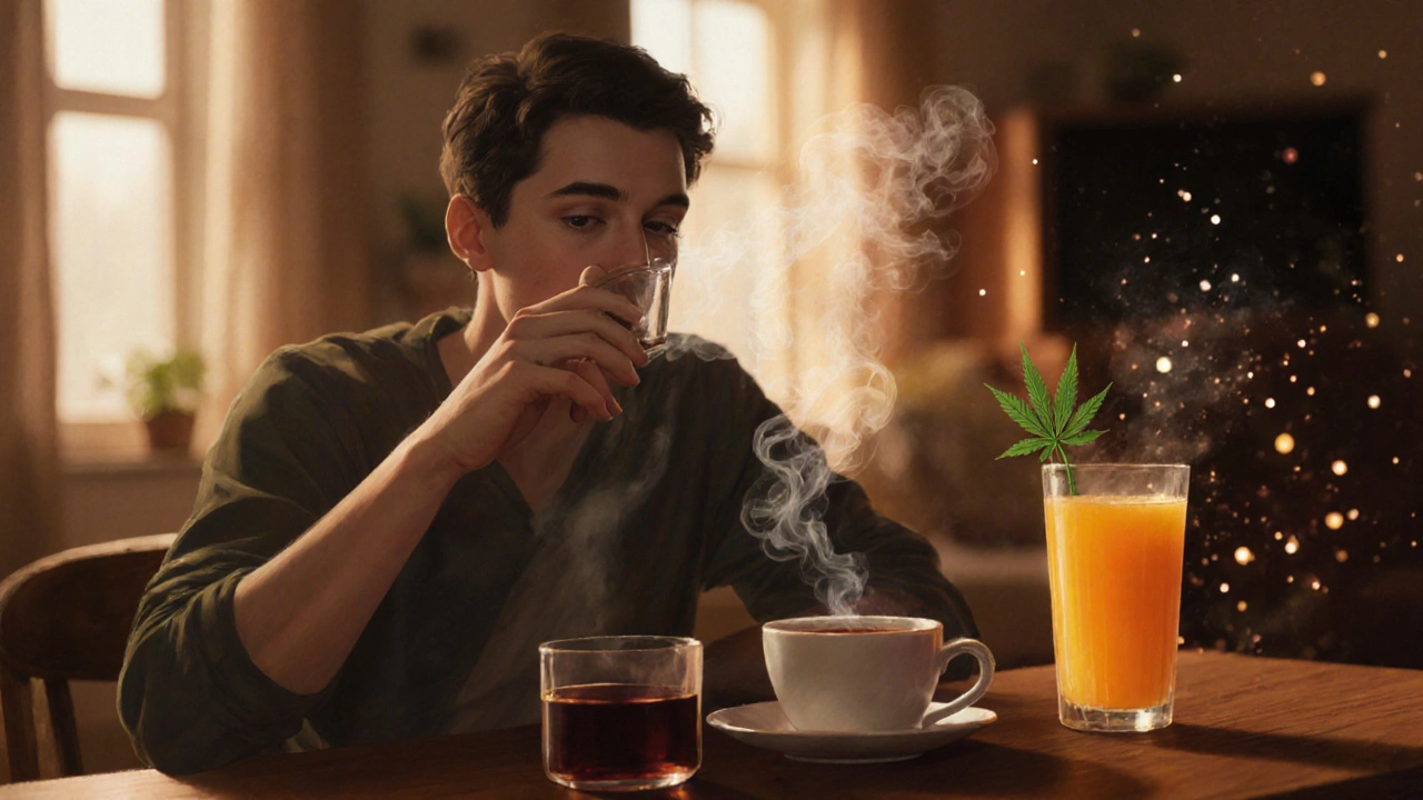 Osoba kouří marihuanu a pije černý čaj a pomerančovou šťávu v pohodlném bytě.