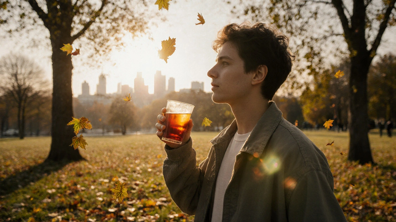 Osoba na ranní procházce v parku s CBD čajem, obklopená slunečním světlem a listy.