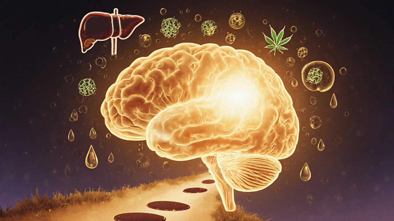Symbolický obraz mozku s molekulami THC, které jsou detoxikovány játry a tělem.