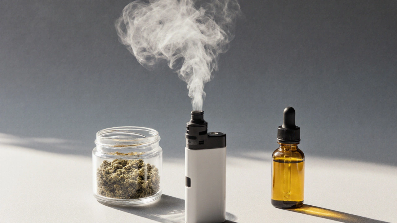 CBD crumble se páří v keramickém vapeřičce, vznikají jemné výpary v mírném světle.