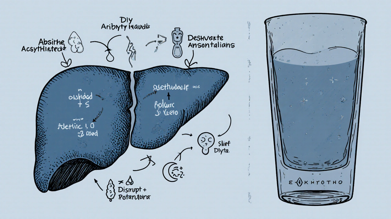 Diagram ukazující metabolismus ethanolu v játrech a vznik acetaldehydu.