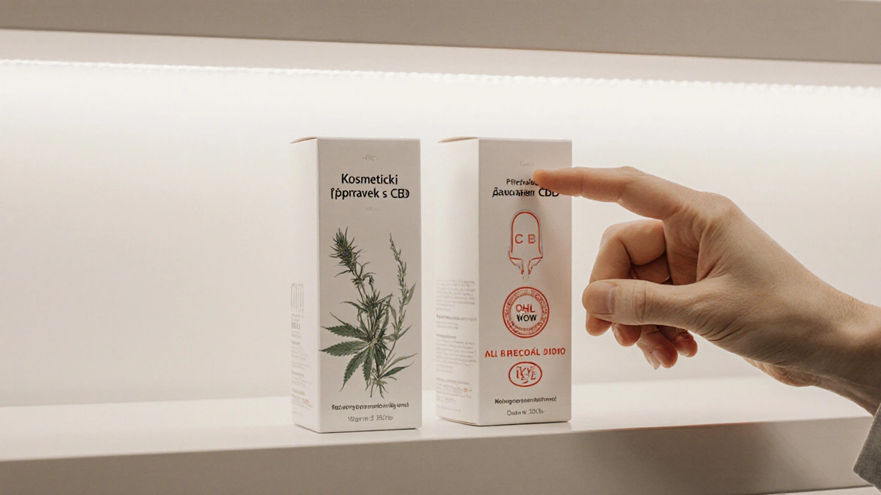 Dva kosmetické a léčivé přípravky s CBD na police v lékárně s označením ÚKVL.