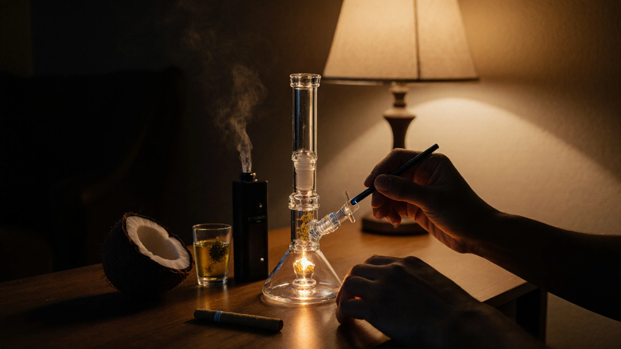 Fotka domova s dab rigem, vaporizérem a CBD hašem při užívání.