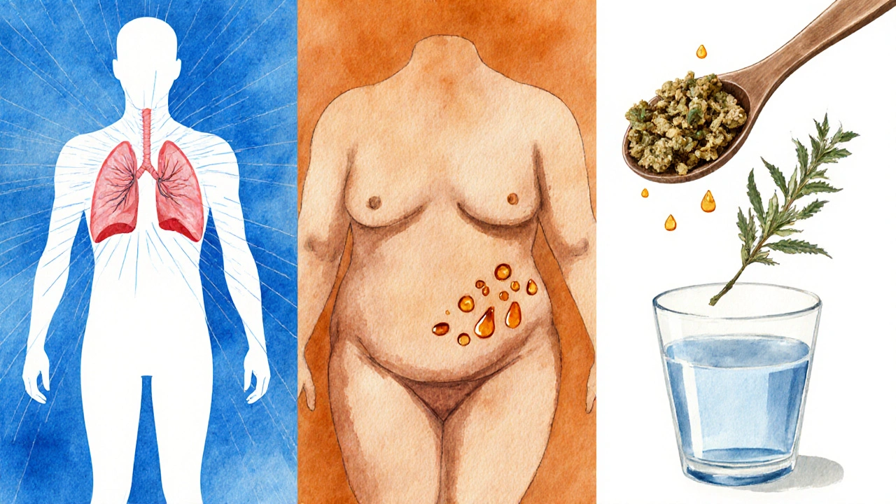 Ilustrace faktorů ovlivňujících dobu účinku CBD: metabolismus, tělesná kompozice, dávka a terpeny.