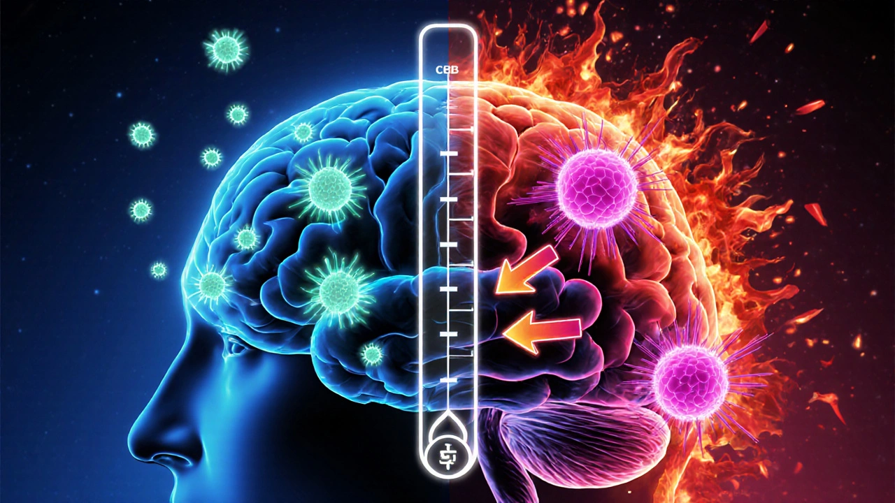 Ilustrovaný mozek s aktivovanými CB1 receptory, ukazující zvýšený dopamin a úzkost při vyšší dávce HHC.
