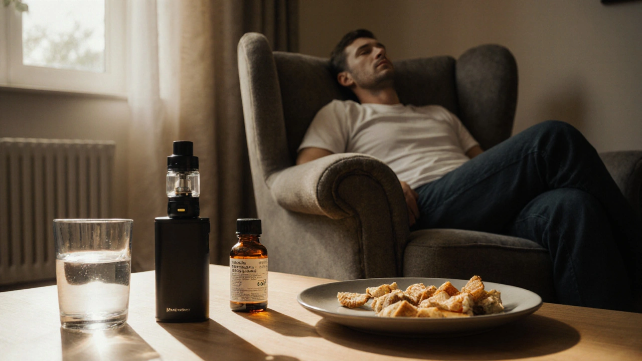 Klidná místnost s malým vape zařízením, skleničkou vody a svačinkou, připravená na bezpečné užití.