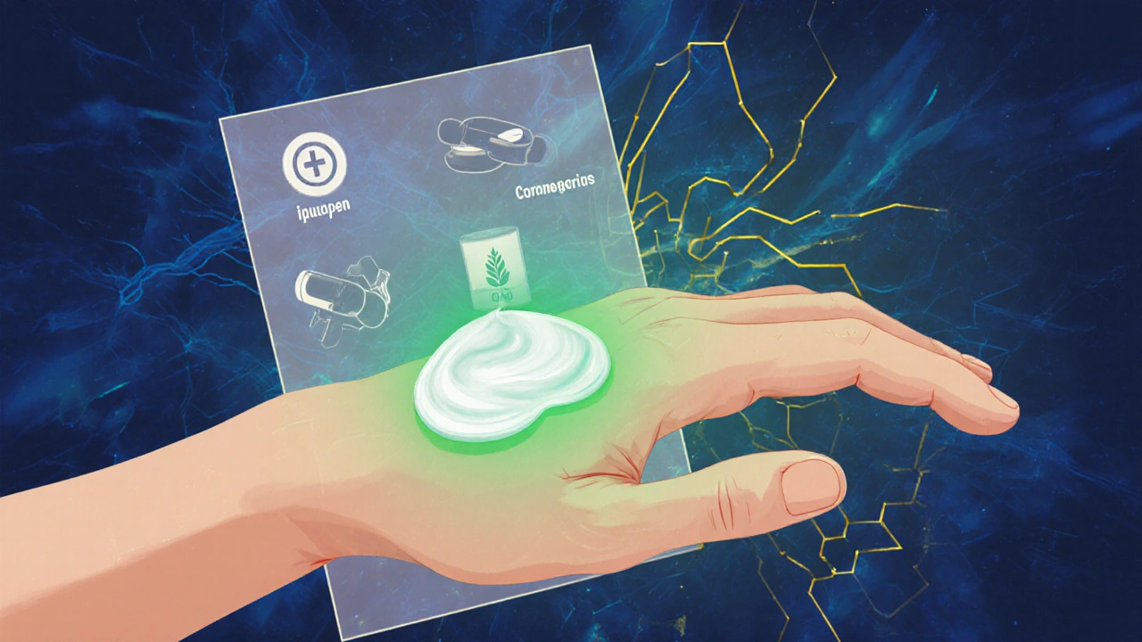 Kouzelná zelená aura z CBD krému na kloubu, zatímco léky jsou zaostřené a slabé.