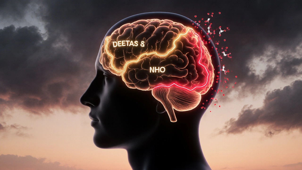 Kresba lidského mozku s dvěma světelnými cestami: jedna klidná zlatá, druhá intenzivní červená, symbolizující různé účinky.