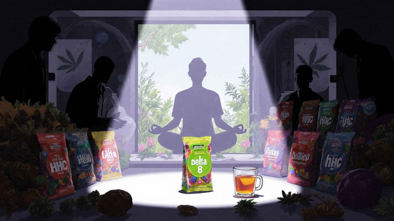 Oblak nekvalitních balíčků s HHC a Delta 8, v centru jasně osvětlený certifikovaný bonbón, za ním člověk medituje v přírodě.