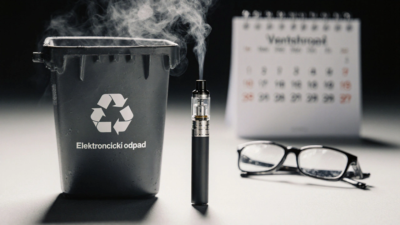 Prázdný CBD kartáček u recyklačního kontejneru s označením pro elektronický odpad.