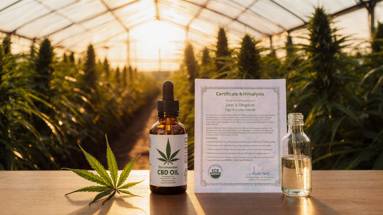 Prémiová láhev CBD oleje, listy konopí a certifikát analýzy na dřevěném stole.