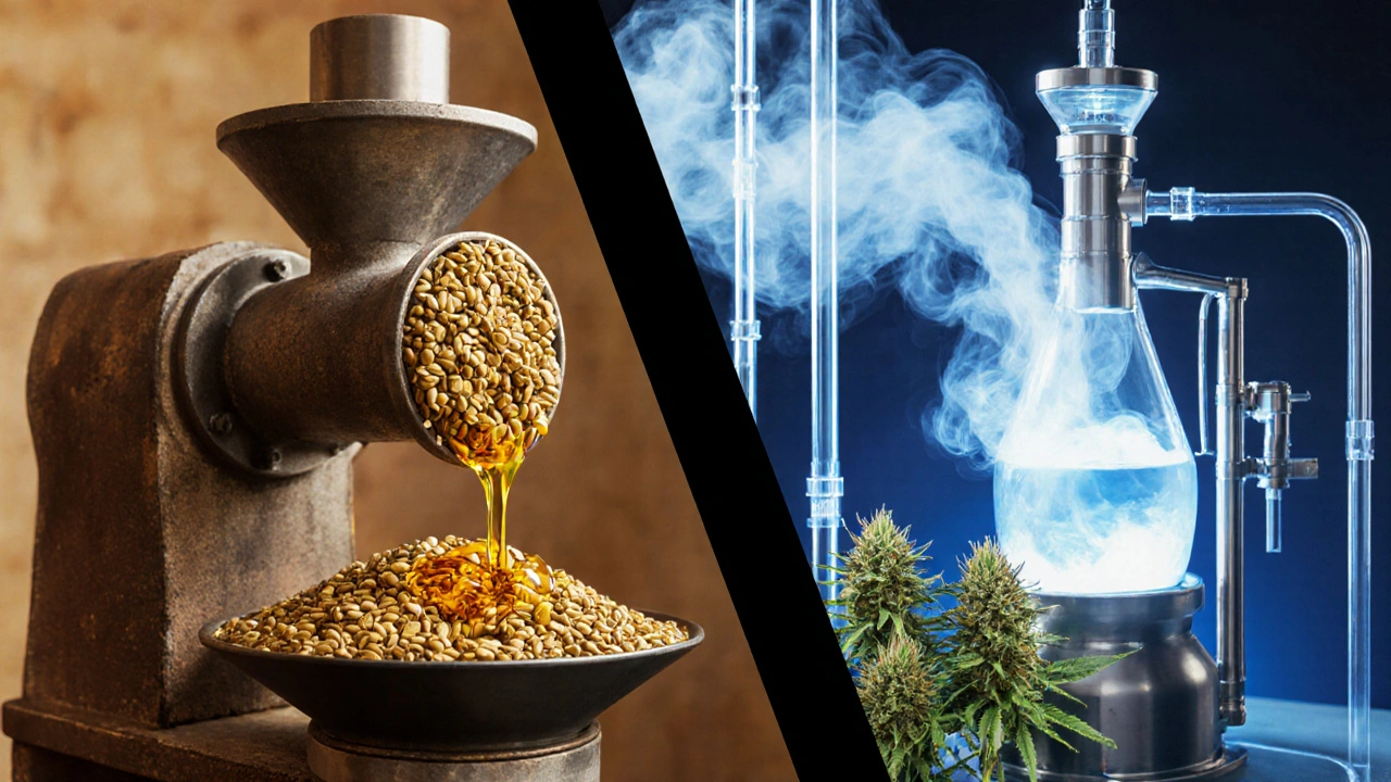 Rozdělený obrázek ukazující lisování semínek a CO₂ extrakci konopí, s teplými a chladnými barevnými kontrasty.