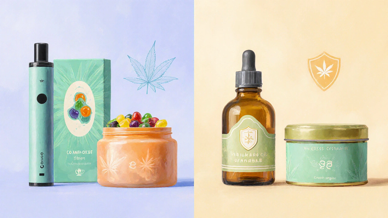 Různé kanabinoidové produkty – vape, jedlé produkty a krém – zobrazené vedle sebe.