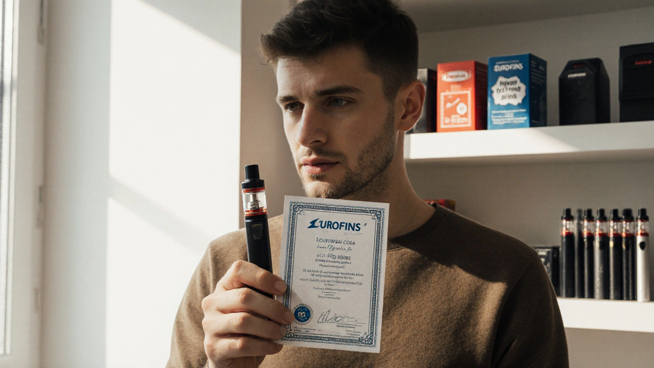 Spotřebitel kontroluje COA certifikát u CBD vape, zatímco na policii leží podezřelé výrobky.
