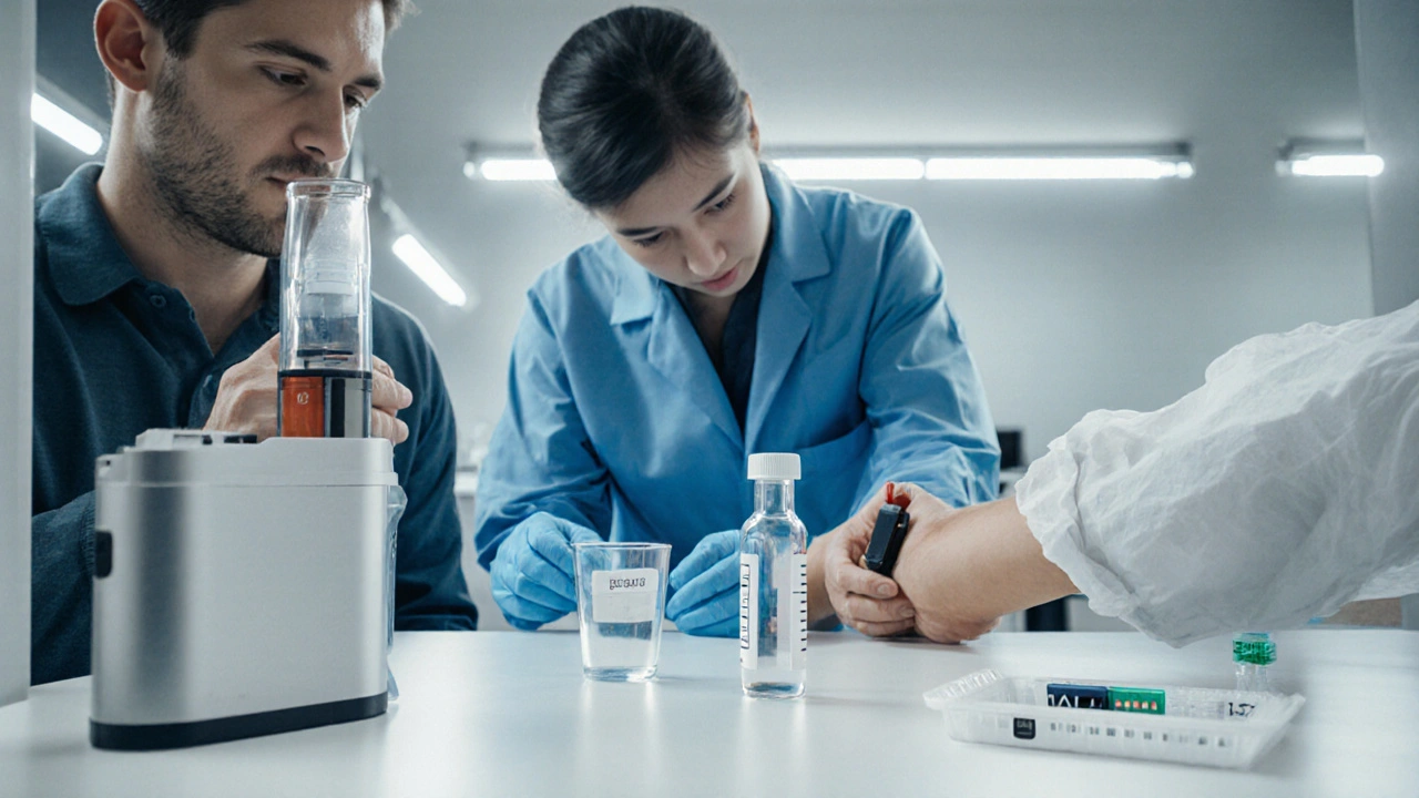 Tři testovací stanice: dechová zkouška, odběr krve a test moči.