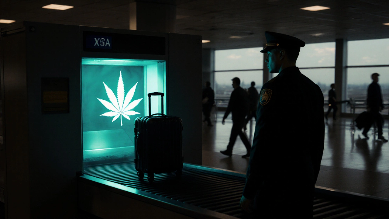 TSA agent kontroluje zavazadlo u rentgenového přístroje, ve vzduchu se zobrazuje silueta konopí.