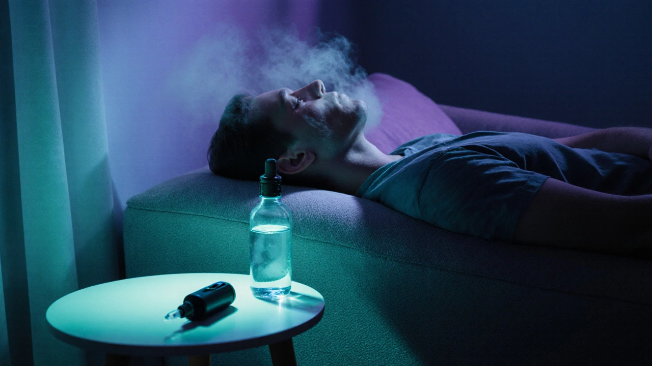 Uvolněná osoba na pohovce, vedle vodní láhve a CBD kapátka po vapování.