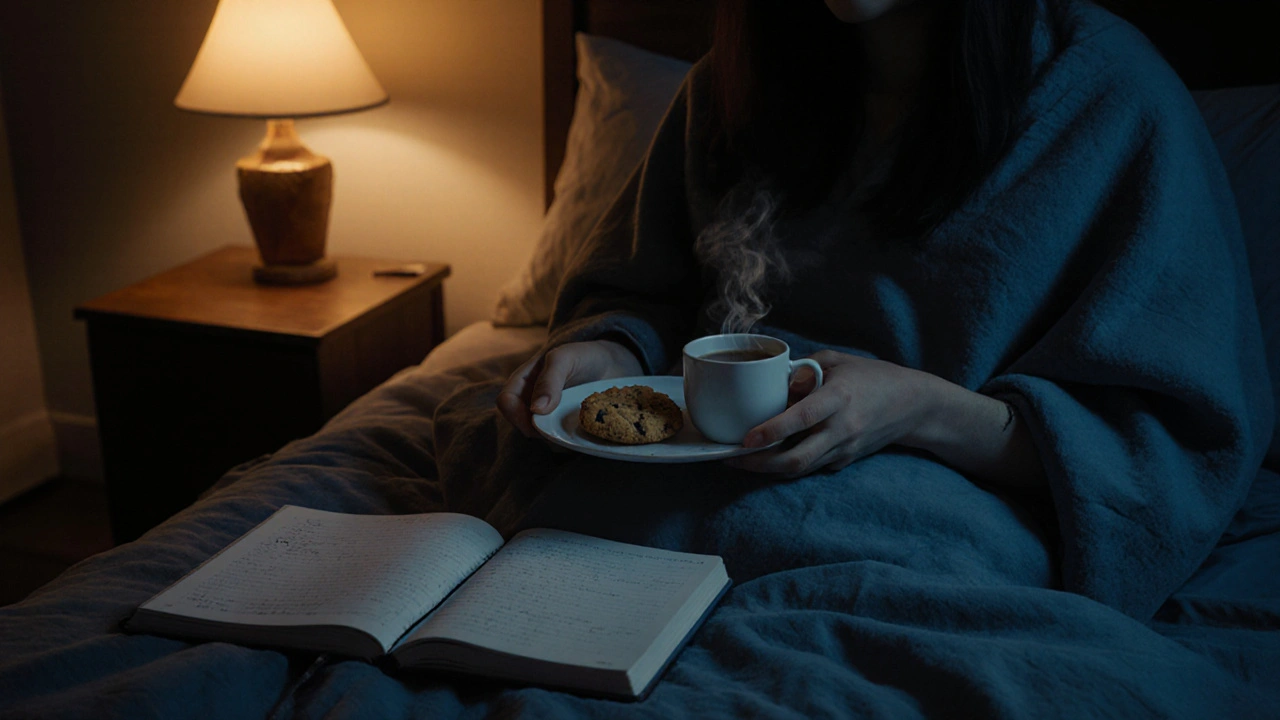 Večerní relaxace: člověk, deka, CBD sušenka, čaj a otevřený deník.