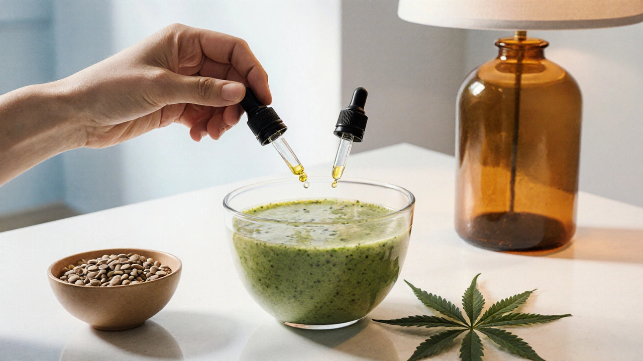 Večerní rituál: ruka s kapátky CBD a konopného oleje, smoothie a semínka na kuchyňském pultu v měkkém světle.