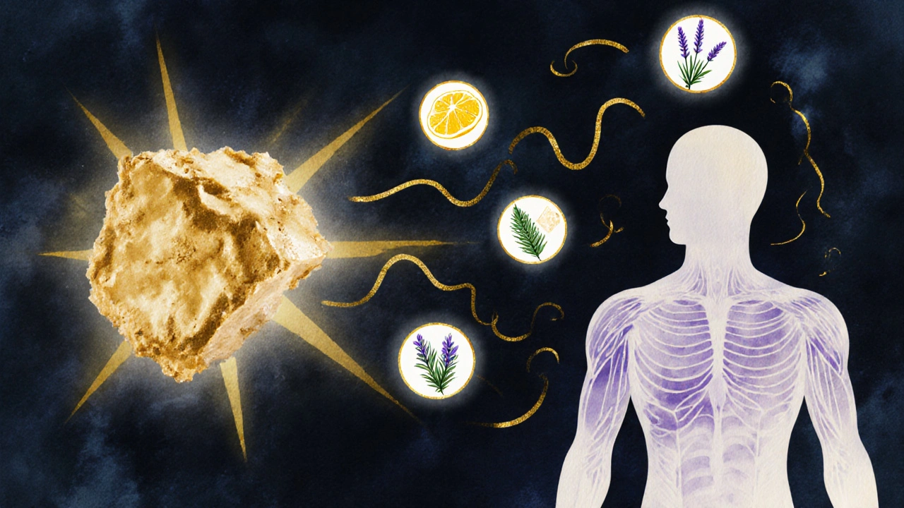 Zlatý crumble vyzařuje energii do terpenů a těla, symbolizující přirozenou rovnováhu.