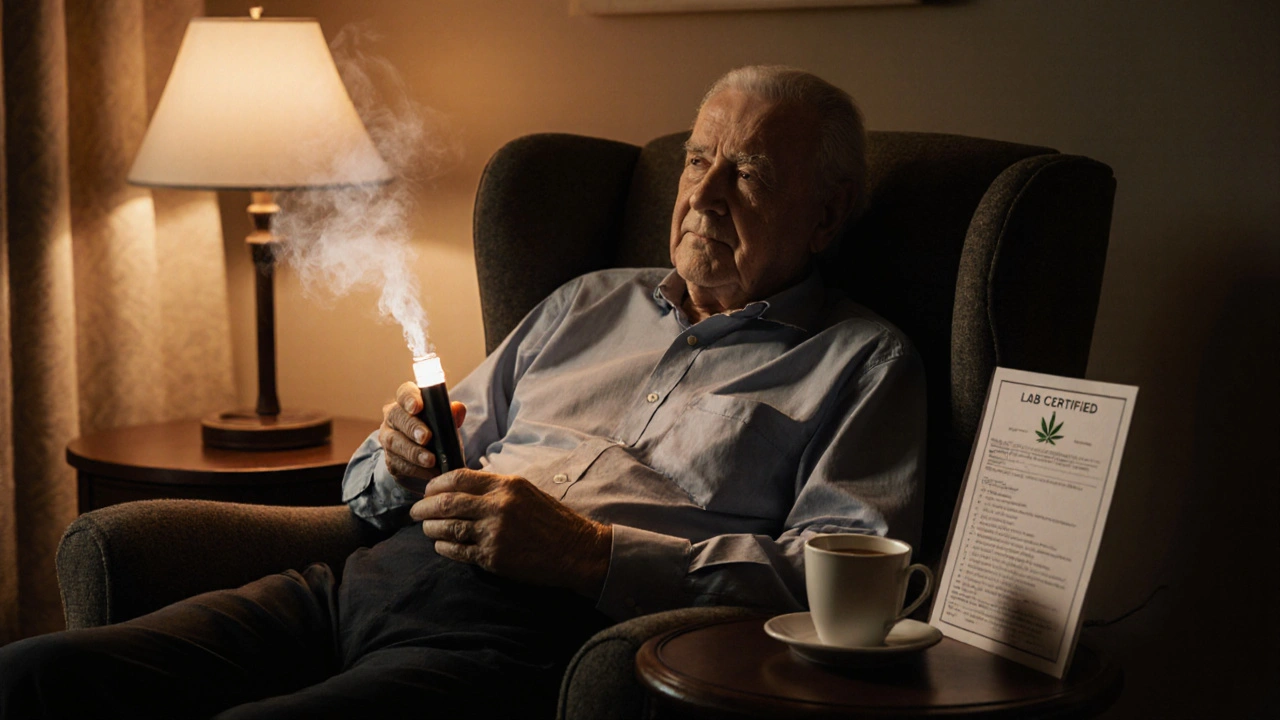 68letý muž klidně vypařuje CBD květy doma, v klidném prostředí s láskou k přirozené péči.