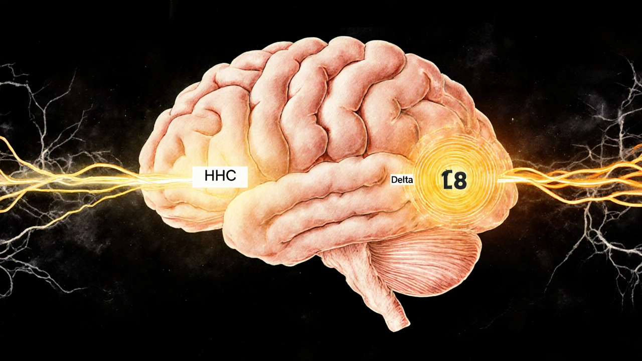 Abstraktní ilustrace mozku s dvěma různými světelnými cestami pro HHC a Delta 8.