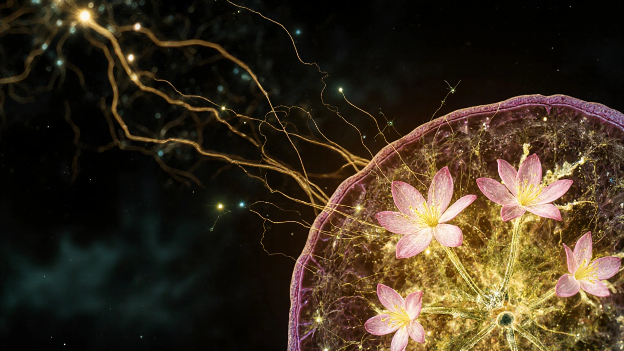 Botanická ilustrace CBD květů s interagujícími kanabinoidy a terpény, symbolizujícími entourage efekt.