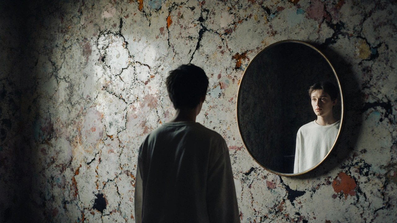 Člověk se dívá na stěnu, kde se textury zdají pohybovat, v pozadí je jeho odraz v zrcadle.