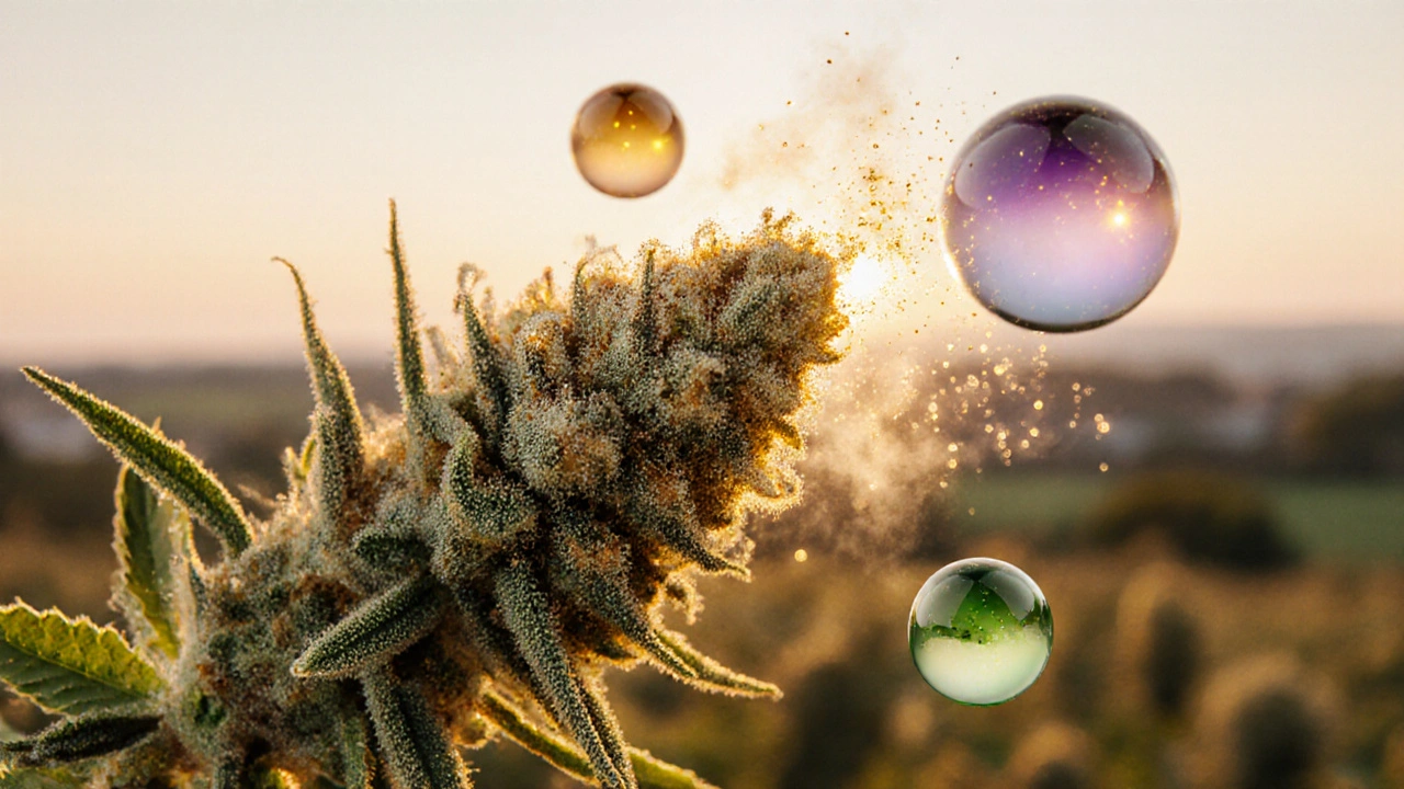 Detail CBD květů uvolňujících zlatou páru a terpeny ve formě světelných koulí.