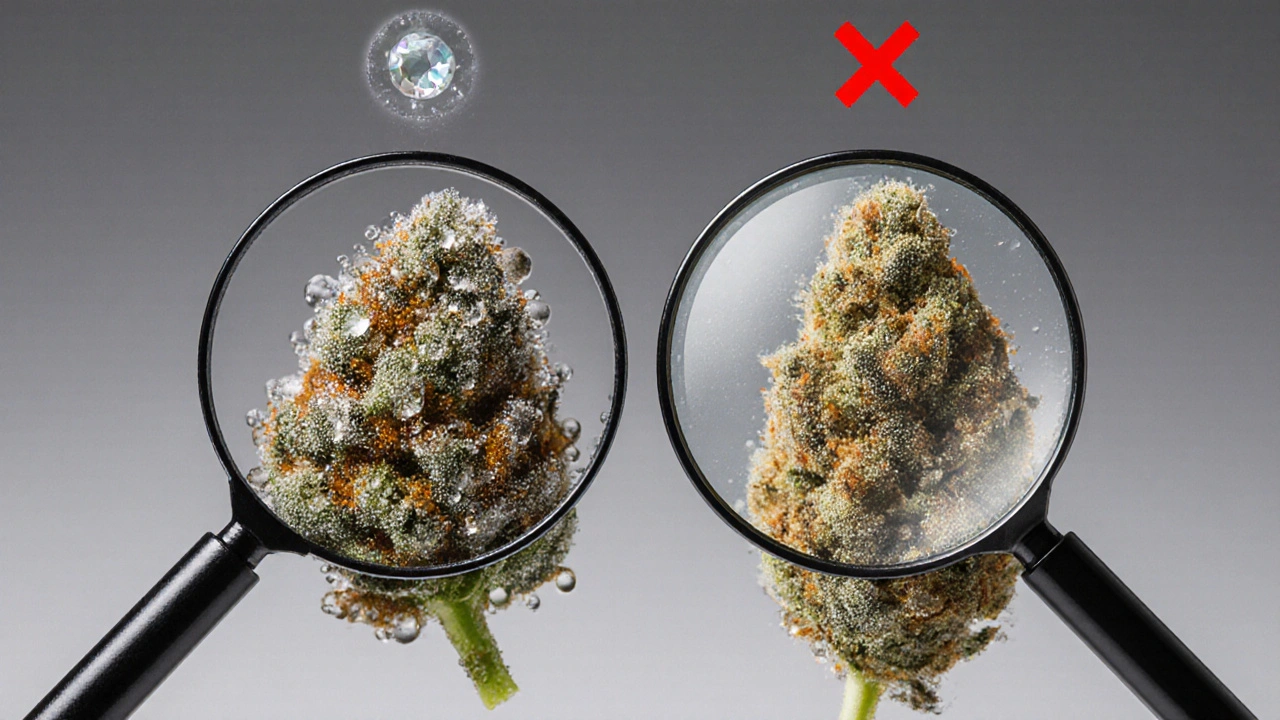 Dva vzorky CBD květu vedle sebe: jeden čerstvý a krystalický, druhý suchý a bez žádných trichomů.