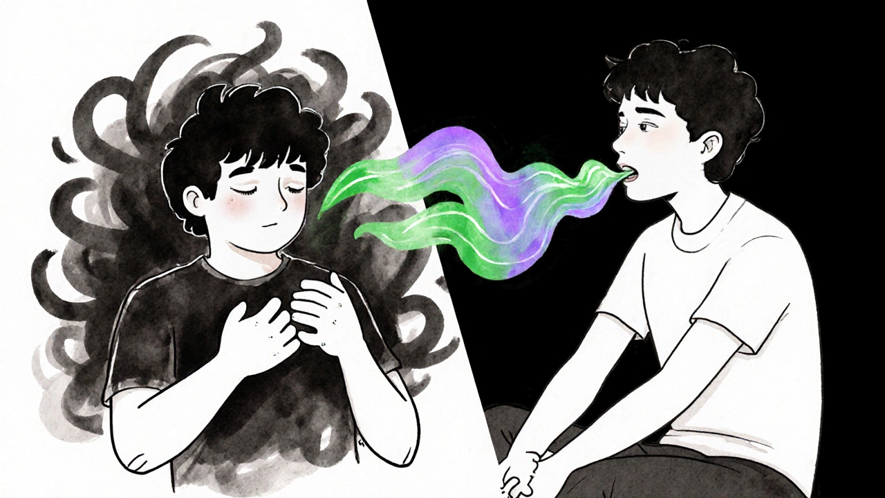 Dvě části obrázku: jedna ukazuje úzkost, druhá klid s CBD bonbónem, který uklidňuje.