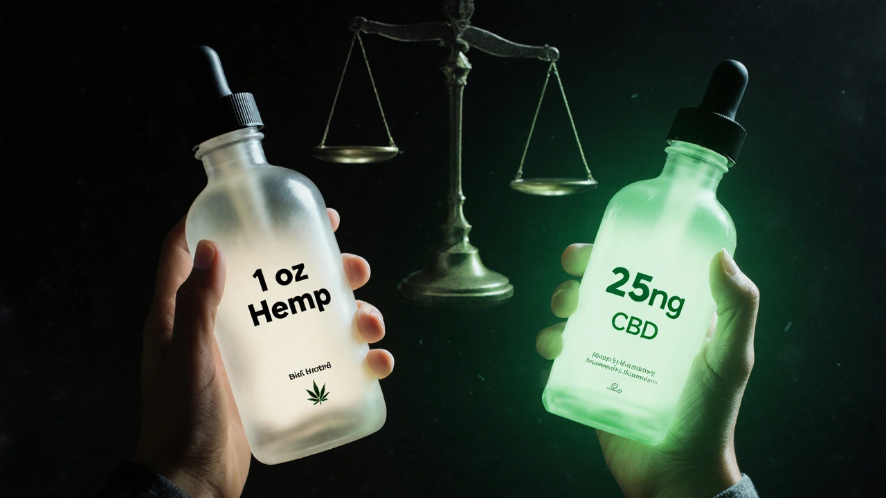 Dvě láhve: jedna s nejasným nápisem &#039;1 oz konopí&#039;, druhá s jasným &#039;25 mg CBD&#039;.