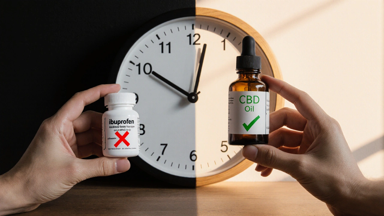 Dvě ruce drží CBD olej a lék – jedna s červeným křížem, druhá s green checkmark na dřevěném povrchu.