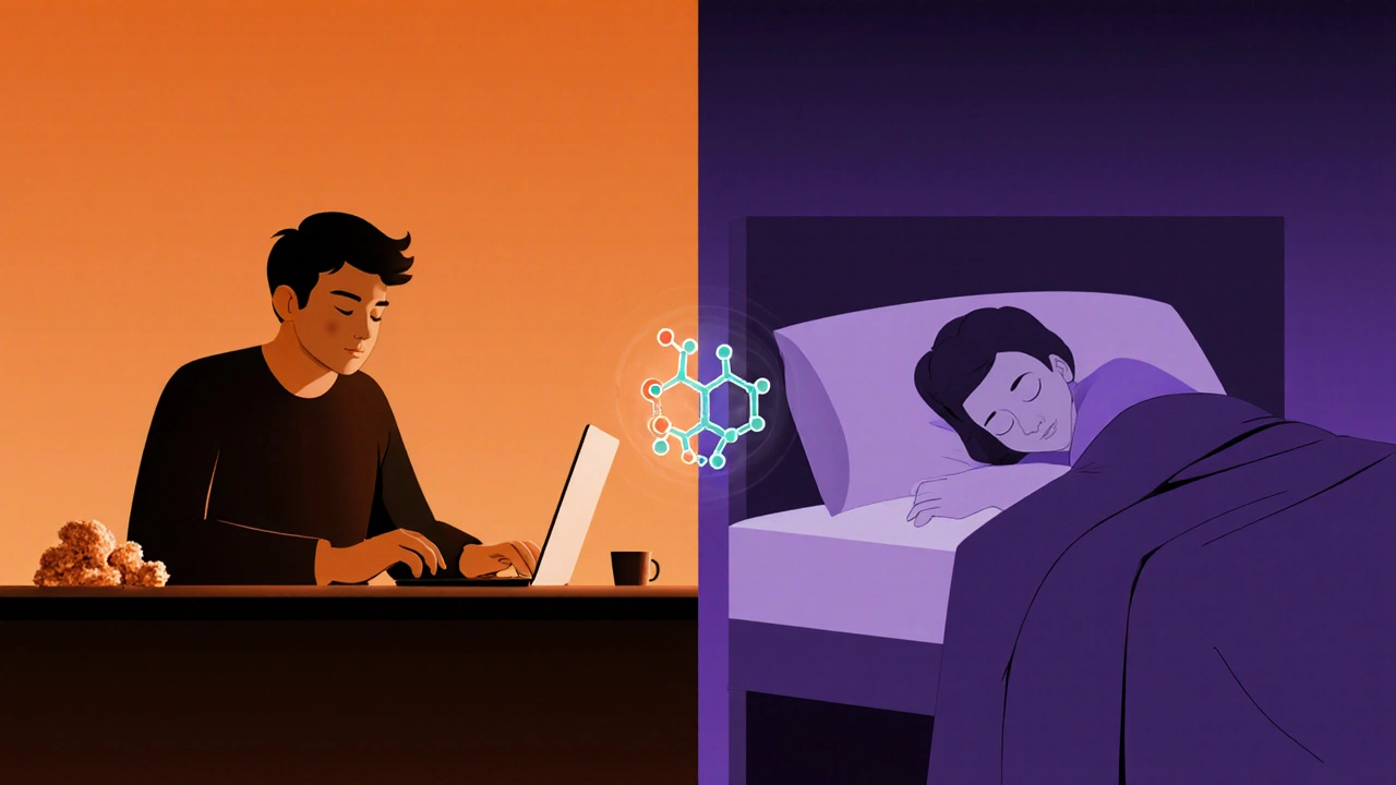Dvoučástný obraz: den – koncentrace při práci, noc – klidný spánek.