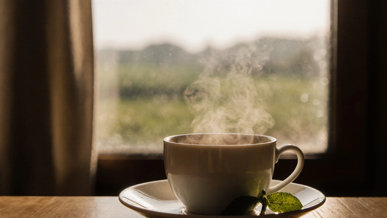 Hřejivý čaj z polní máty na podnosu v českém venkovském prostředí při denním světle.