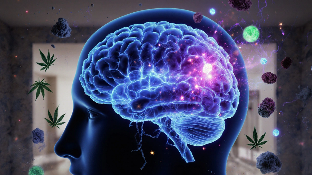 Ilustrace lidského mozku s aktivními zrakovými oblastmi a pohybujícími se molekulami THC.