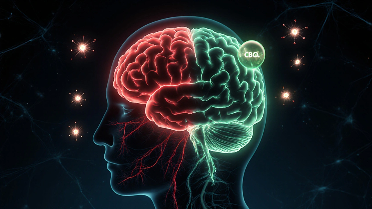 Konceptuální obrázek mozku s aktivní amygdalou a CBG molekulou, která uklidňuje nervové systémy.