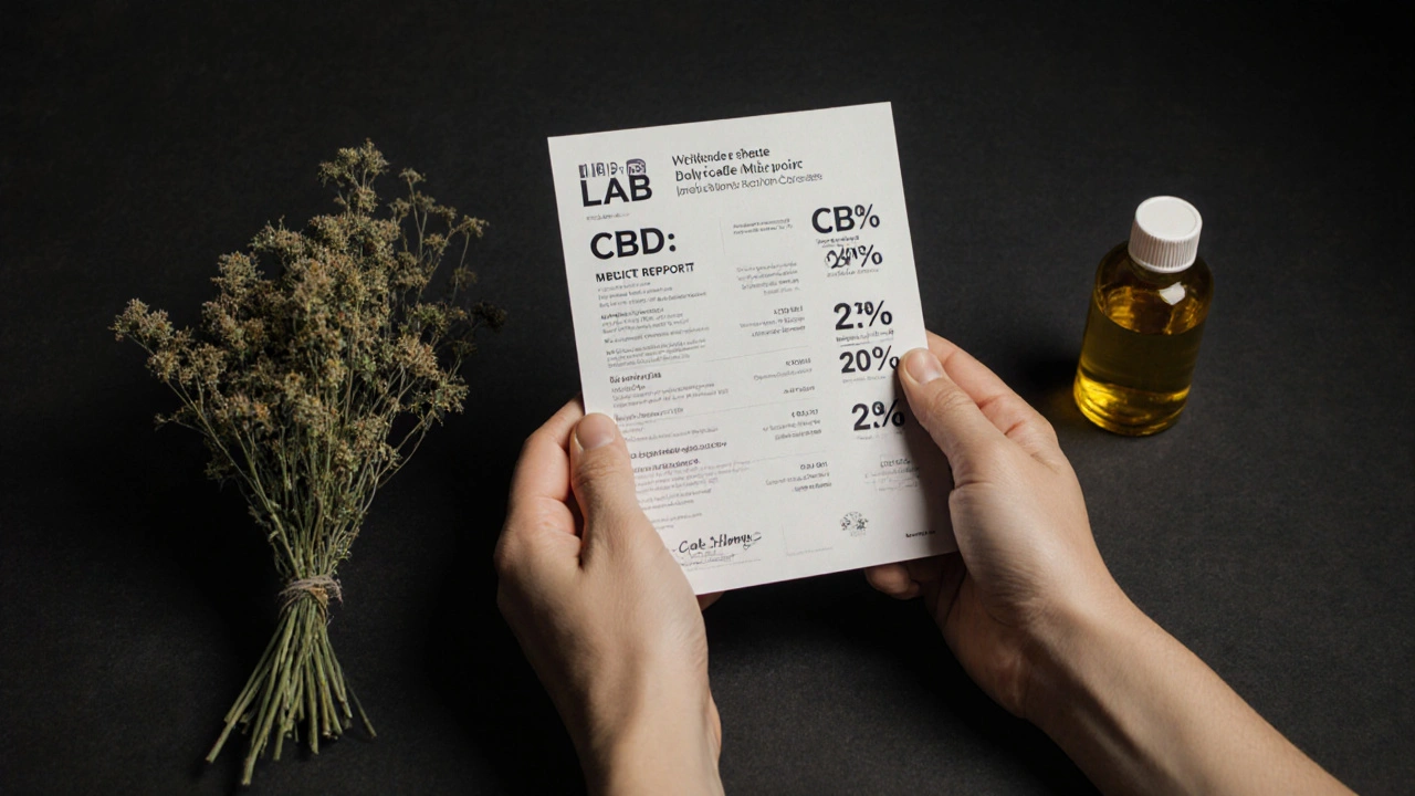 Laboratorní výsledek COA vedle CBD květů a oleje, zdůrazňující rozdíl v biologické dostupnosti.