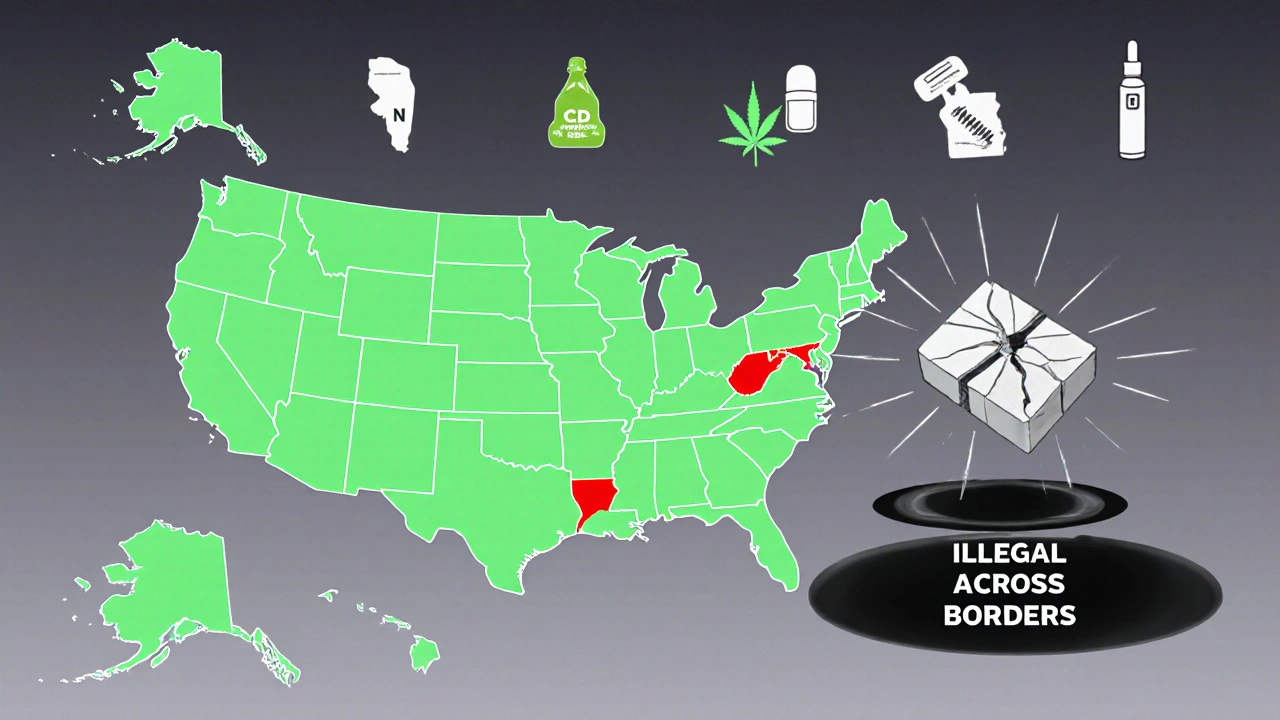 Mapa USA s legálními a nelegálními státy a bezpečnějšími alternativami CBD.