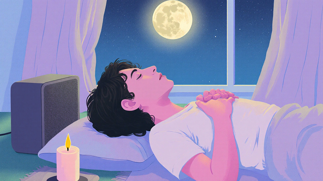 Osoba leží v klidu v měkkém osvětlení, s svíčkou a hudbou, zažívá mírný účinek edibilu.