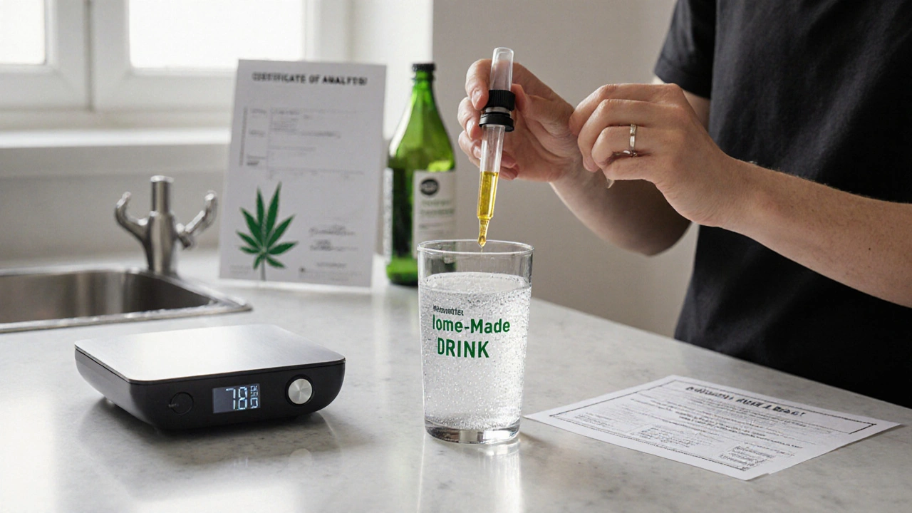 Osoba měří 10 mg CBD oleje pipetou do sklenice vody v české kuchyni.