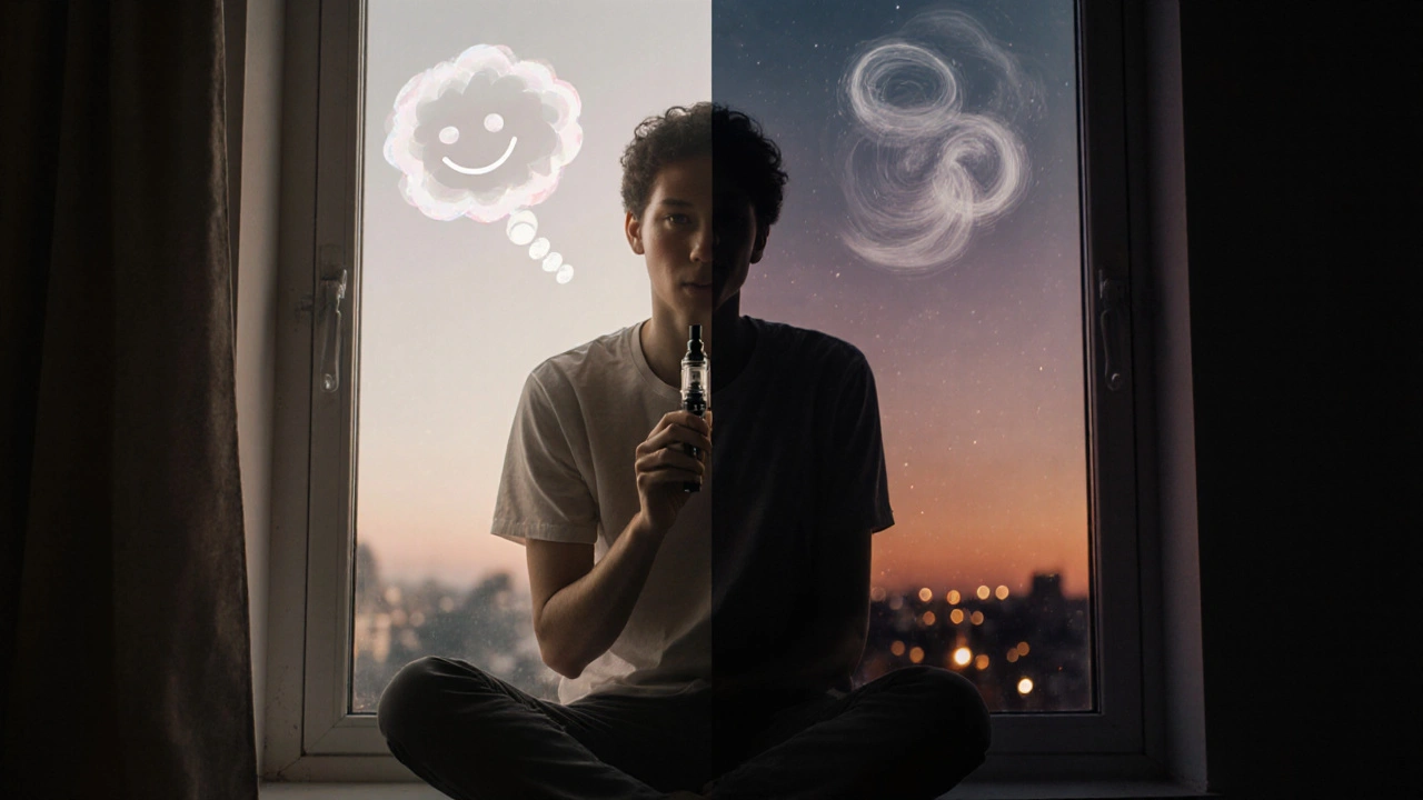 Osoba na okně v soumraku s rozděleným náladovým prostředím kolem sebe.