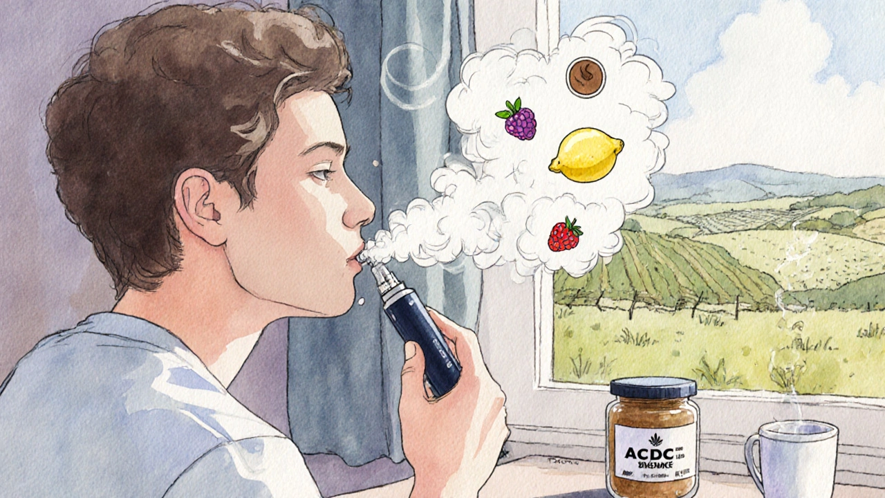 Osoba používá pářičku k inhalaci CBD květu, kolem ní se vznášejí terpenové obrysy citronu a borůvek.