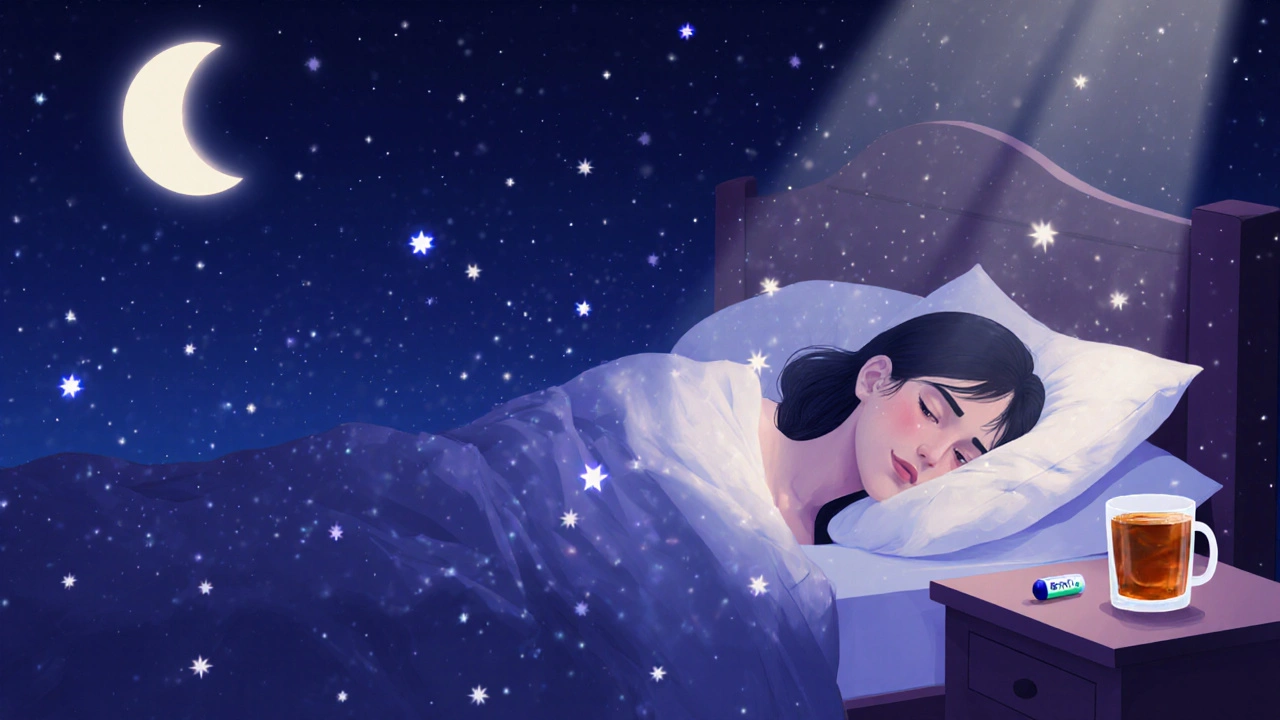 Osoba spí klidně v posteli, kolem ní jemné zářící částice symbolizující CBN.