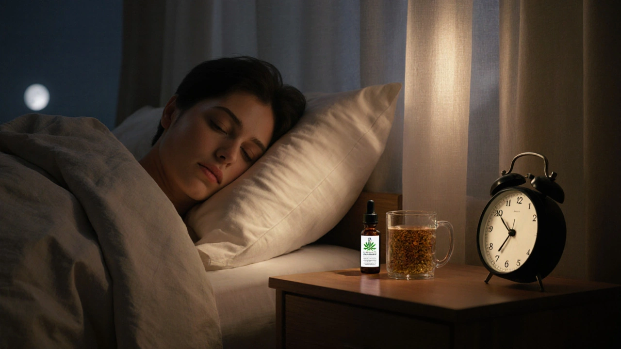 Osoba spí v klidné večerní místnosti s CBD olejem na nočním stolku.