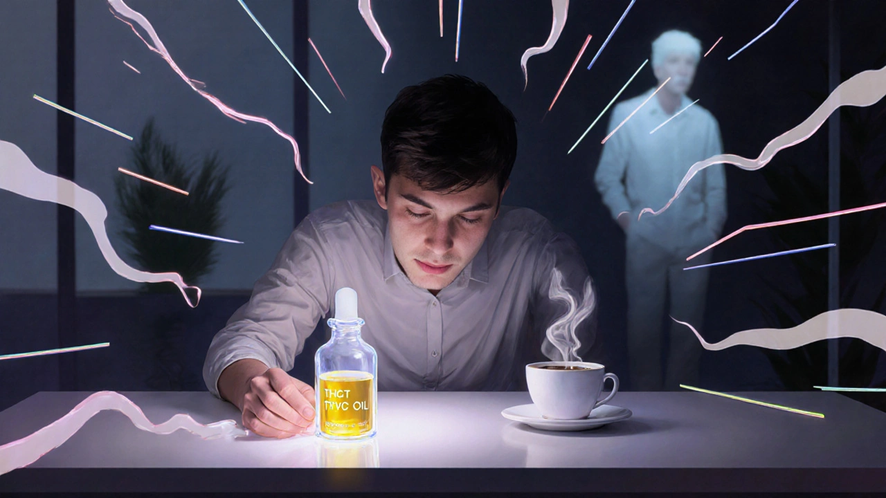 Osoba v kanceláři s lahvičkou THCV oleje a kávou, kolem ní jasné světelné vlny symbolizující jasnost mysli.