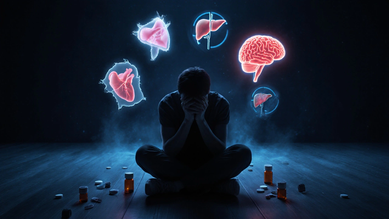 Osoba v temné místnosti zažívá závratě a halucinace po užití HHC.