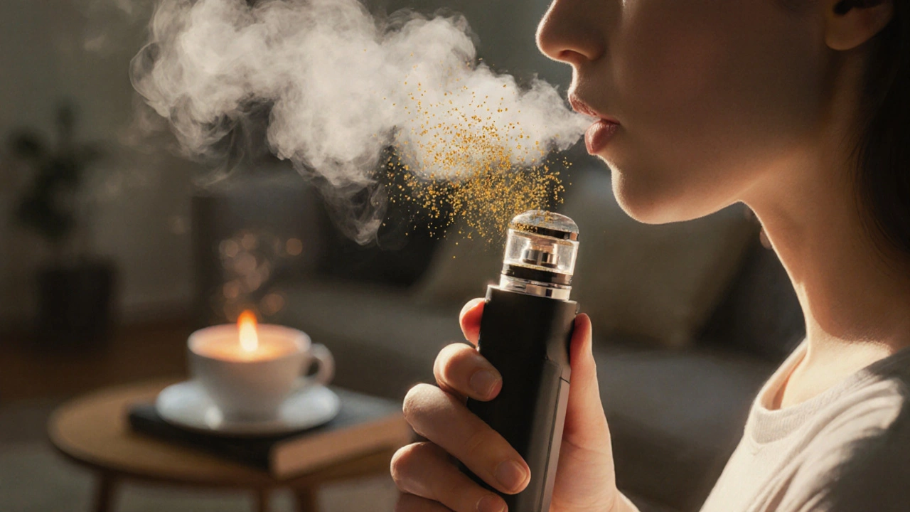 Osoba vdechující páru z pářičky s CBD crumble, klidná atmosféra domova.