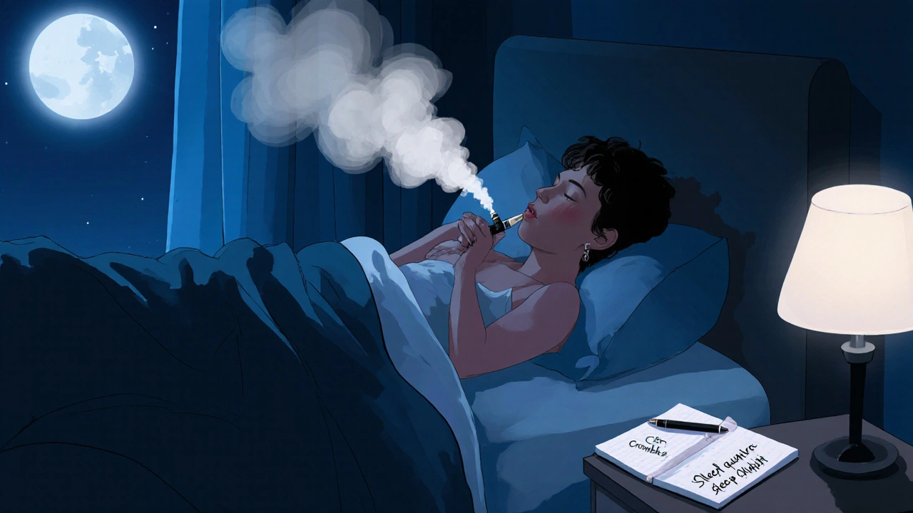 Osoba vypaluje CBD crumble v posteli večer při měsíčním světle.